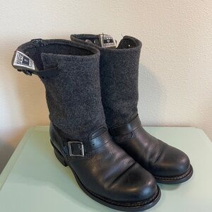 Rare Frye Veronica Black Leather Boots with Boiled Wool Cuff